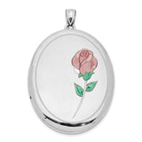 Sterling Silver Oval Locket Pendant with Enamel Rose Design, Floral Remembrance Jewelry for Women