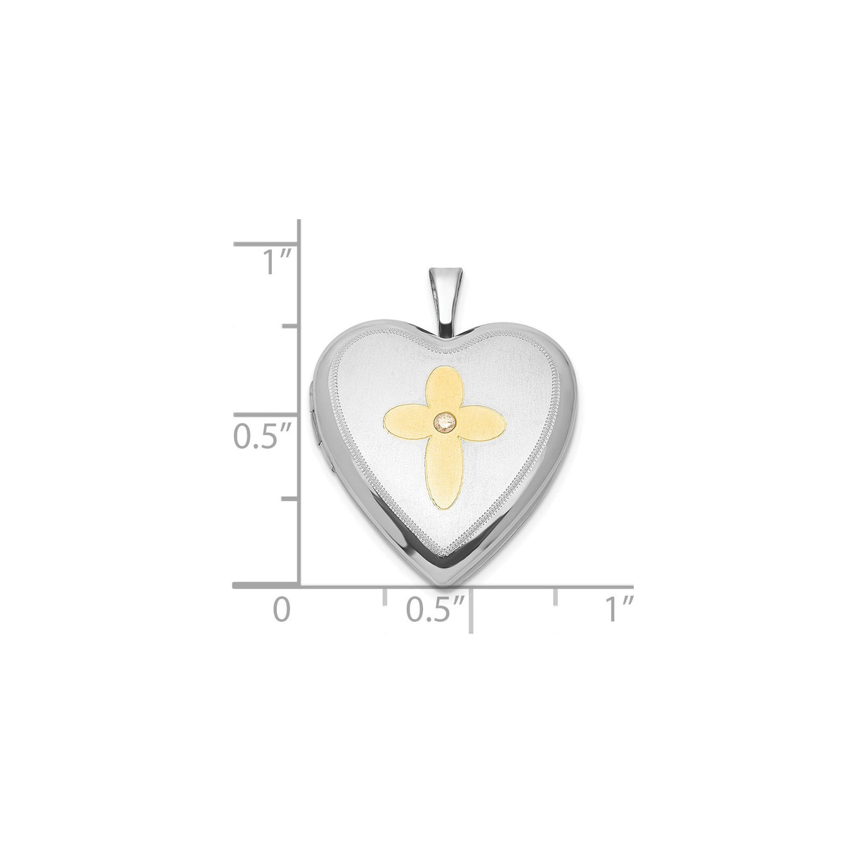 Sterling Silver Cross Pendant with Diamond, Satin Gold Floral Design and Brushed Heart Locket