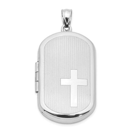 Sterling Silver Oval Locket Pendant with Raised Christian Cross, Religious Devotion Charm