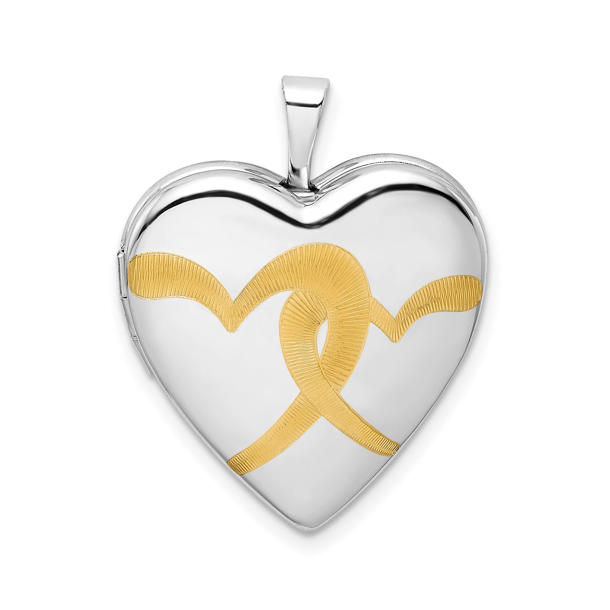 Sterling Silver Heart Locket Pendant with Gold Tone Ribbon and Infinity Love Knot
