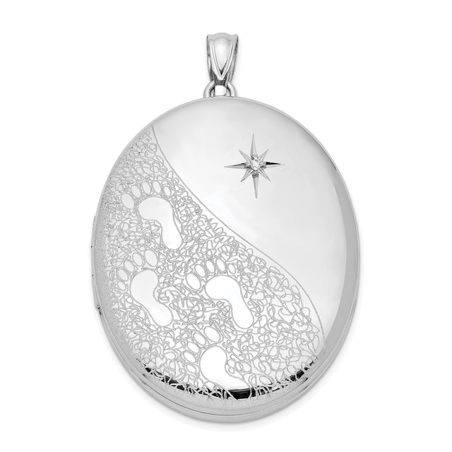 Sterling Silver Footprint Locket Pendant with Diamond and North Star Engraving