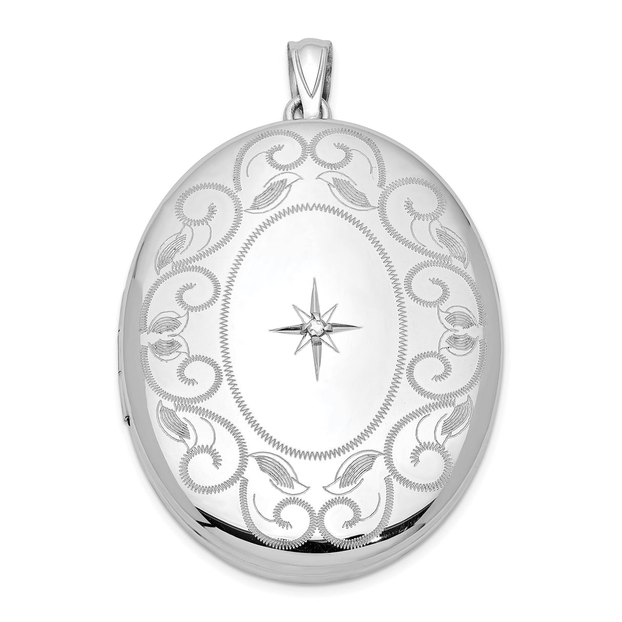Sterling Silver Oval Locket Pendant with Diamond, Floral and Starburst Design, Vintage Style