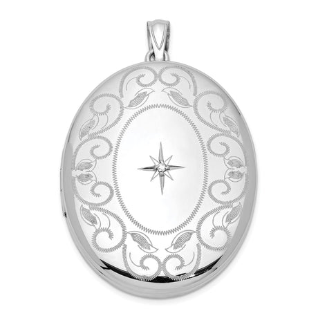Sterling Silver Oval Locket Pendant with Diamond, Floral and Starburst Design, Vintage Style