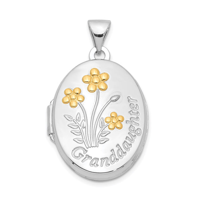 Sterling Silver Granddaughter Oval Locket Pendant with Gold Tone Flower Accents, Sentimental Keepsake Jewelry