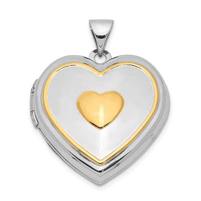 Sterling Silver Heart Locket Pendant with Gold Center Accent, Two-Tone Romantic Keepsake Necklace
