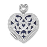 Sterling Silver Heart Locket Pendant with Diamond, Blue Enamel and Filigree Detailing