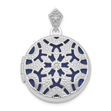 Sterling Silver Round Locket Pendant with Diamond, Floral Filigree and Blue Enamel Design
