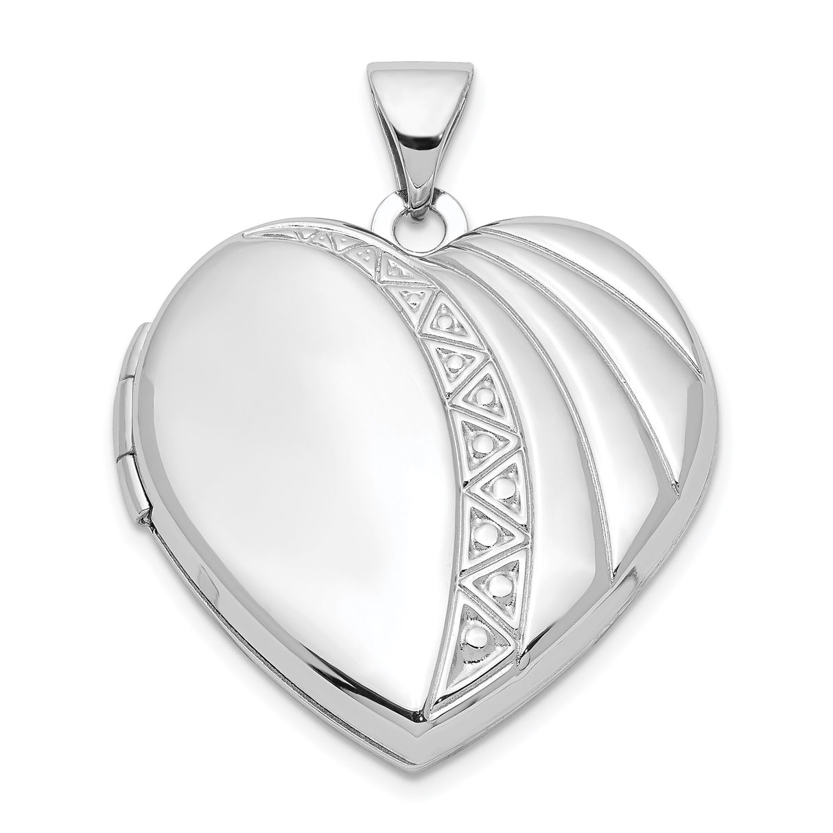 Sterling Silver Heart Locket Pendant with Polished Finish and Geometric Triangle Pattern