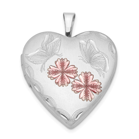 Sterling Silver Heart Locket Pendant with Butterflies and Rose Tone Flowers, Romantic Nature Style