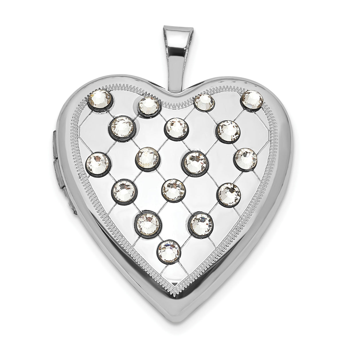 Sterling Silver Heart Locket Pendant with Quilted Design and Clear Crystal Accents