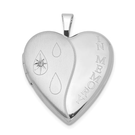 Sterling Silver Heart Memorial Locket with Diamond Accent, Teardrop Design, In Memory Engraving