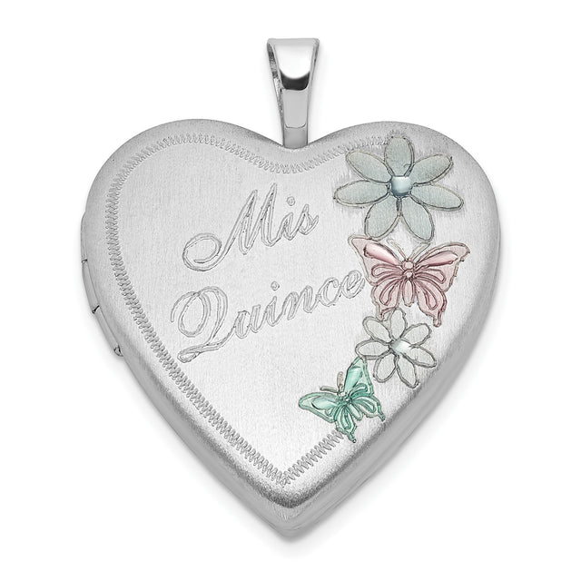 Sterling Silver Heart Locket Pendant with Mis Quince, Pastel Flowers and Butterflies