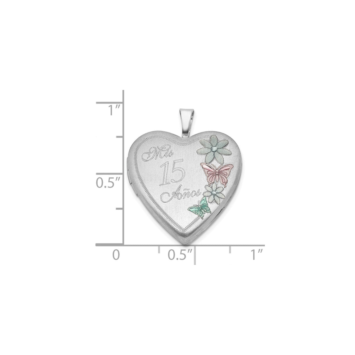 Sterling Silver Heart Locket Pendant with Enameled Mis 15 Años and Butterflies, Quinceañera Jewelry
