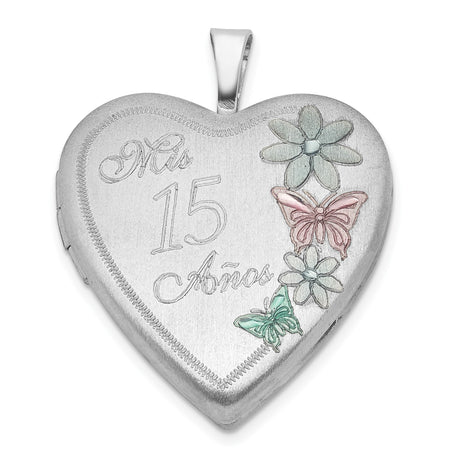 Sterling Silver Heart Locket Pendant with Enameled Mis 15 Años and Butterflies, Quinceañera Jewelry