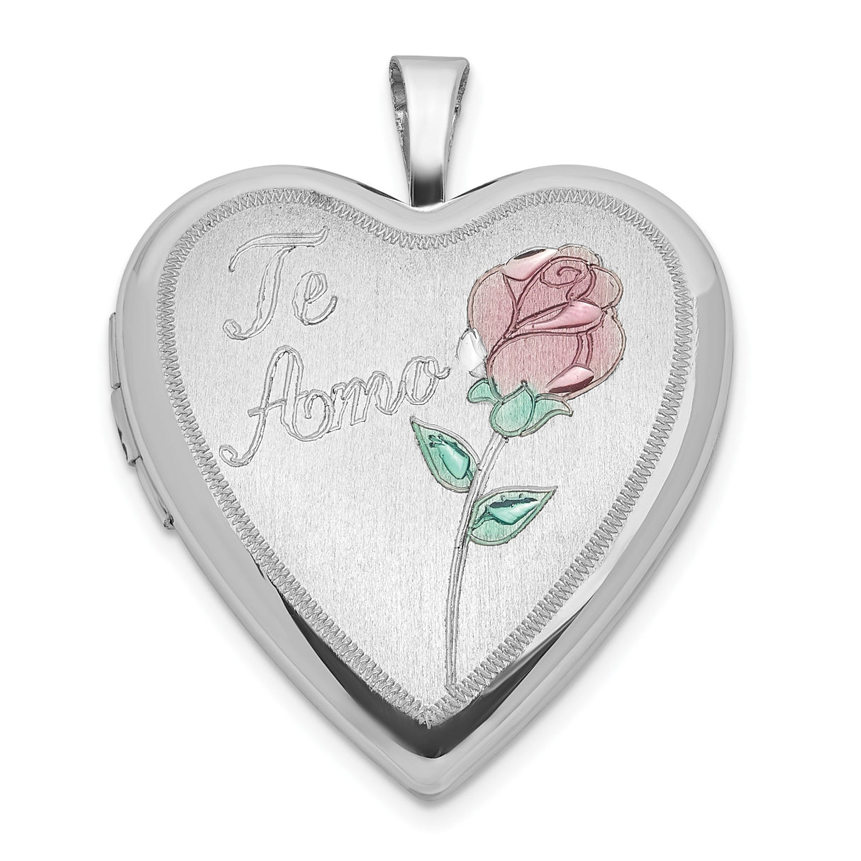Sterling Silver Heart Locket Pendant with Rose Design and Te Amo Inscription