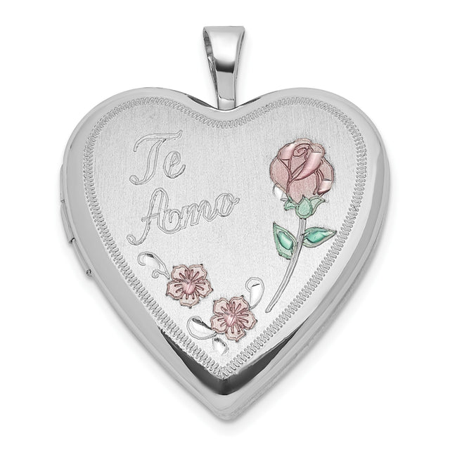 Sterling Silver Heart Locket Pendant with Te Amo and Floral Rose Accents for Women