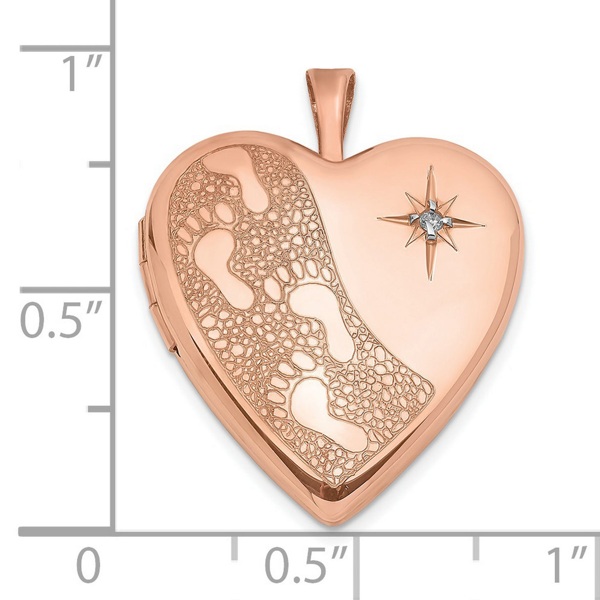 Sterling Silver Heart Locket Pendant with Diamond Accent, Rose Gold Footprints and Star Design