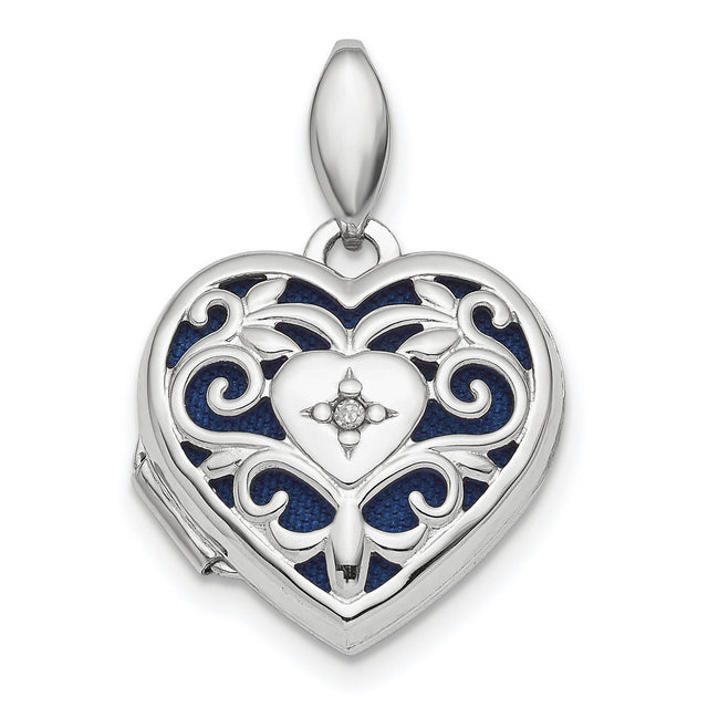 Polished Filigree Diamond Heart Locket Charm Pendant in Real 925 Sterling Silver