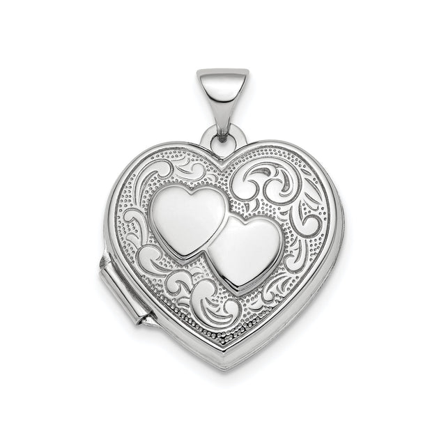 Sterling Silver Heart Locket Pendant with Interlocking Hearts and Scrollwork Engraving