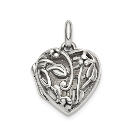 Sterling Silver Heart Locket Pendant with Floral and Vine Motif, Vintage Inspired