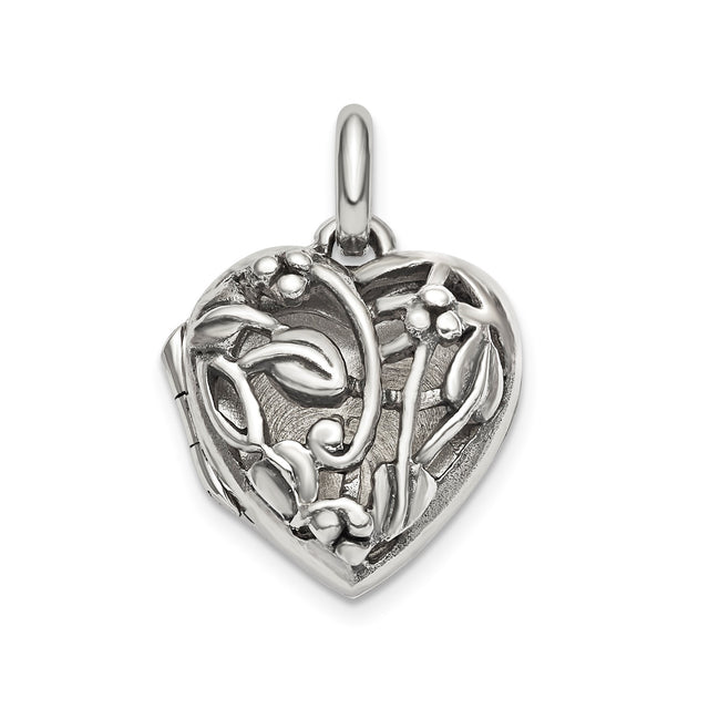 Sterling Silver Heart Locket Pendant with Floral and Vine Motif, Vintage Inspired