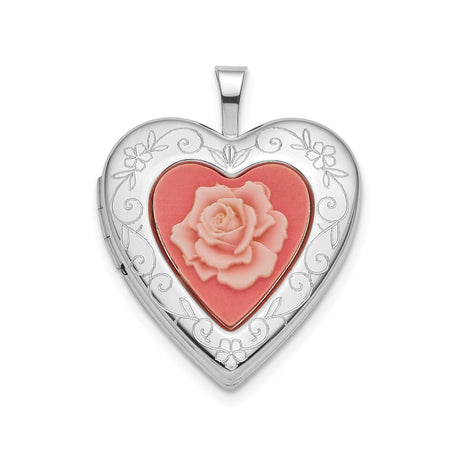 Sterling Silver Heart Locket Pendant with Pink Rose Cameo and Floral Scrollwork Design