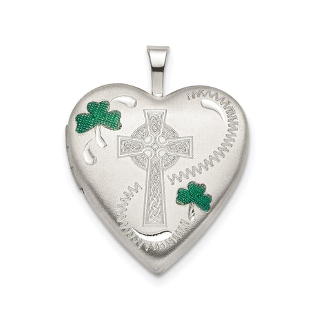 Sterling Silver Celtic Cross Pendant with Green Enamel Heart Locket Charm