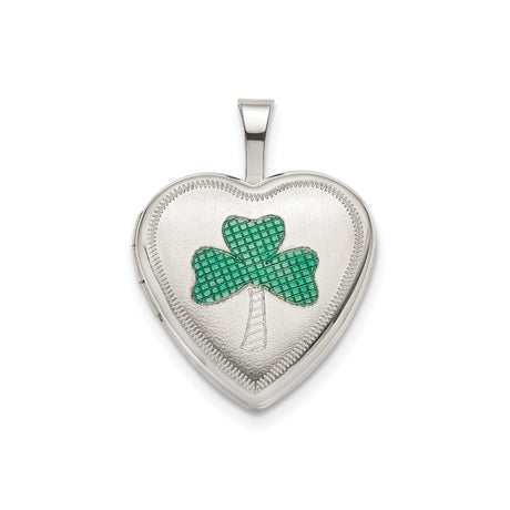Sterling Silver Heart Locket with Green Enamel Shamrock, Celtic Irish Clover Pendant for Women