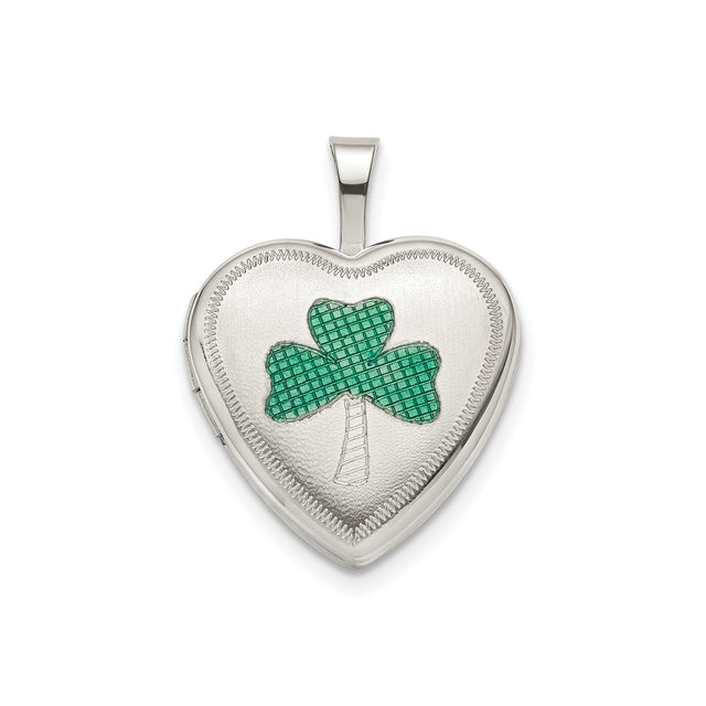 Sterling Silver Heart Locket with Green Enamel Shamrock, Celtic Irish Clover Pendant for Women
