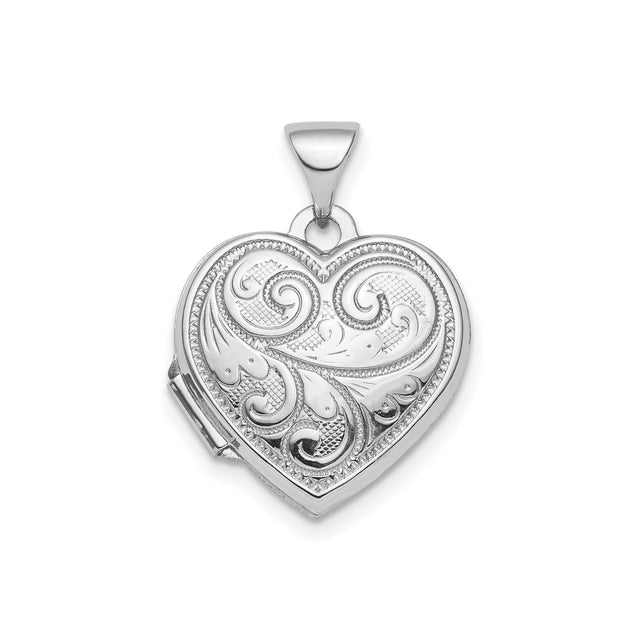 Sterling Silver Heart Locket Pendant with Scrollwork and Floral Engravings