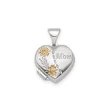 Floral Mom Heart Locket Charm Pendant in Real 925 Sterling Silver