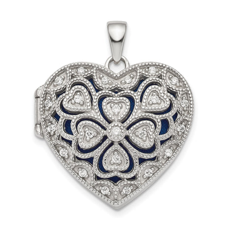 Sterling Silver Heart Shaped Locket Pendant with Cubic Zirconia and Filigree Floral Design