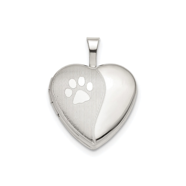 Sterling Silver Heart Locket Pendant with Paw Print, Pet Memorial Jewelry for Women