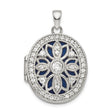 Sterling Silver Oval Locket Pendant with Cubic Zirconia, Blue Enamel, Floral Filigree Design for Women