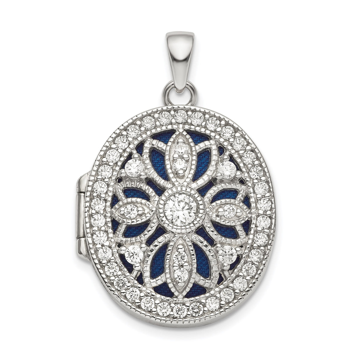 Sterling Silver Oval Locket Pendant with Cubic Zirconia, Blue Enamel, Floral Filigree Design for Women