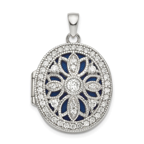 Sterling Silver Oval Locket Pendant with Cubic Zirconia, Blue Enamel, Floral Filigree Design for Women