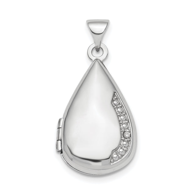 Sterling Silver Teardrop Locket Pendant with Diamond Accent and Beaded Detail for Women