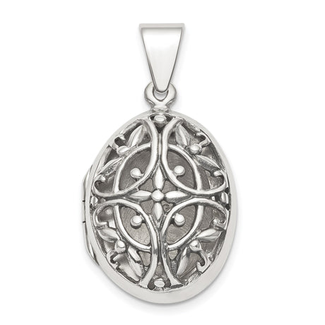 Sterling Silver Oval Locket Pendant with Filigree Floral and Vine Design, Vintage Celtic Style