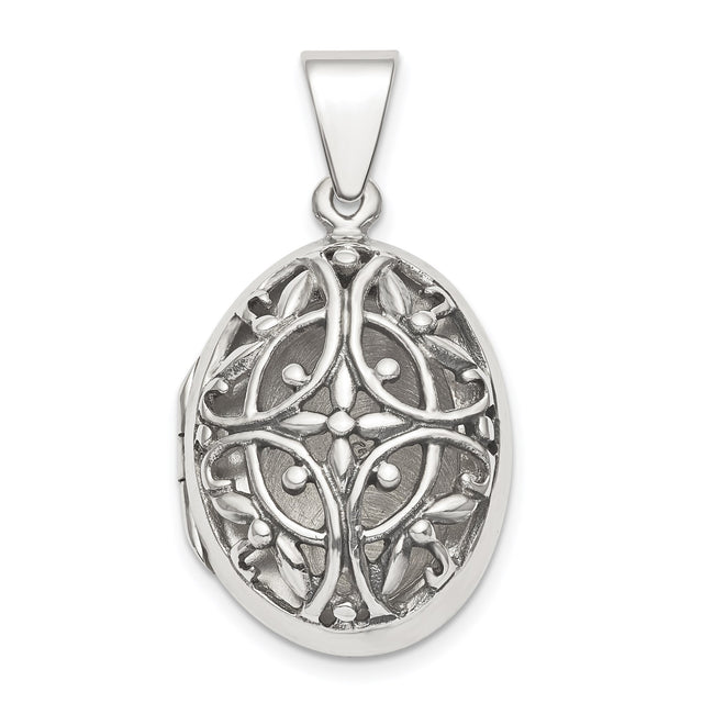 Sterling Silver Oval Locket Pendant with Filigree Floral and Vine Design, Vintage Celtic Style