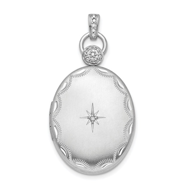 Sterling Silver Oval Locket Pendant with Diamond Accent, Starburst Design, Floral Border