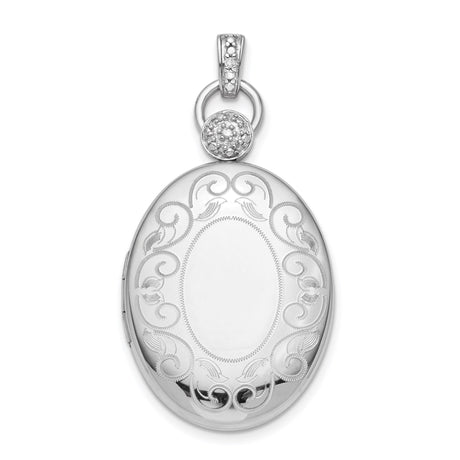 Sterling Silver Oval Locket Pendant with Diamond Pave Bail, Vintage Inspired Keepsake Jewelry