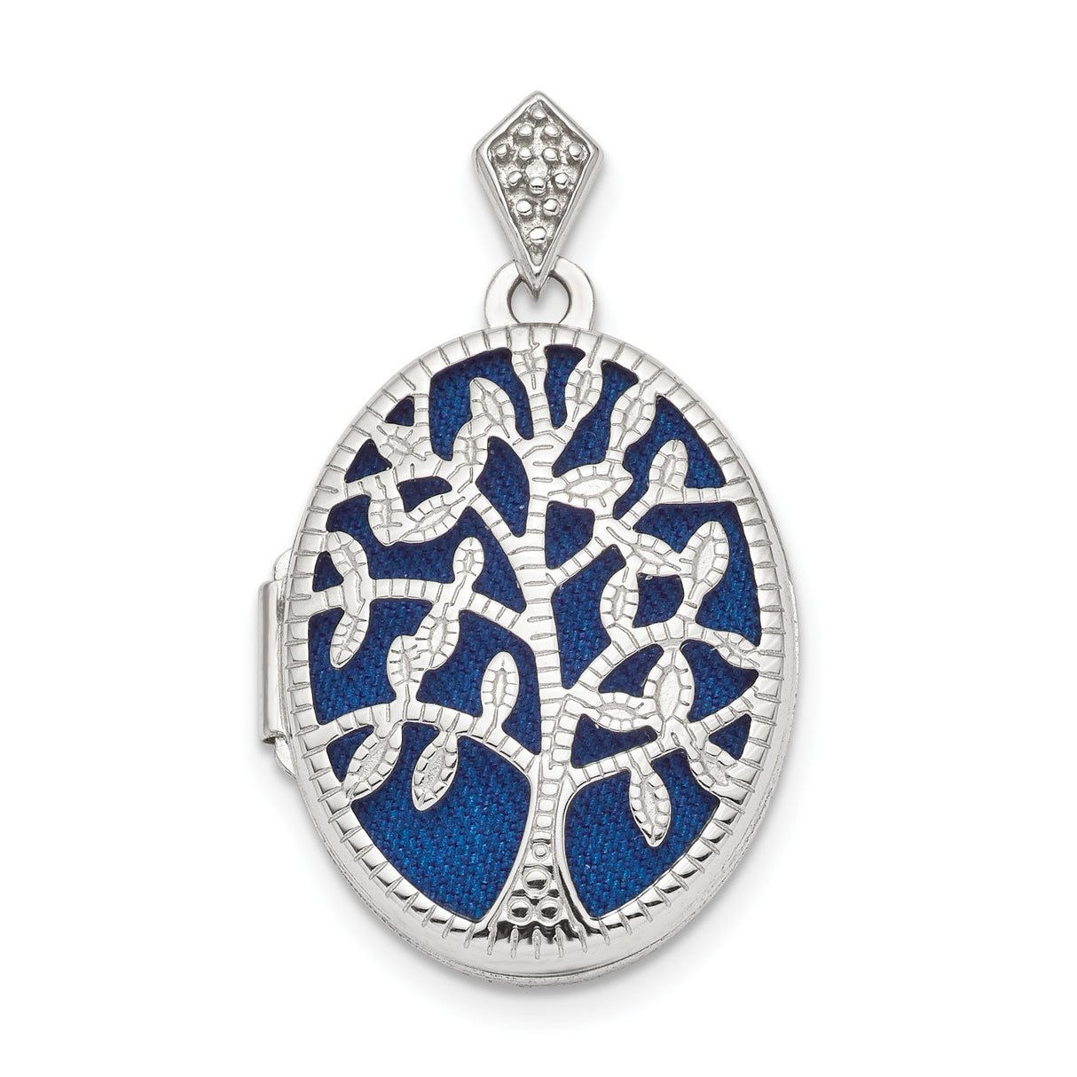 Sterling Silver Oval Locket with Diamond, Tree of Life Design over Blue Enamel