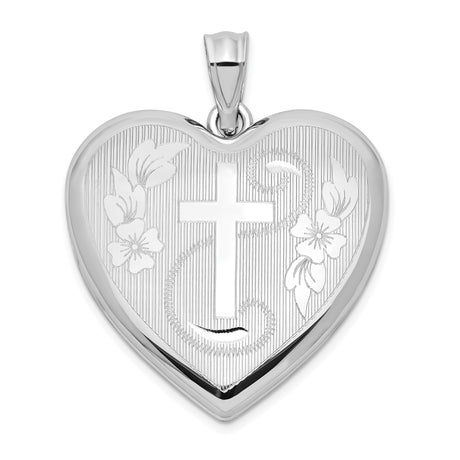 Sterling Silver Heart Locket Pendant with Christian Cross and Floral Accents