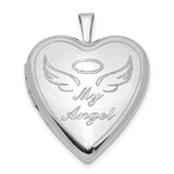 Sterling Silver Heart Shaped Angel Locket Pendant with Halo and Wings Engraving