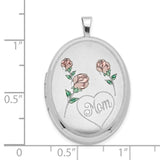 Sterling Silver Oval Locket Pendant with Pink Rose Engraving and Heart Mom Inscription