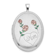 Sterling Silver Oval Locket Pendant with Pink Rose Engraving and Heart Mom Inscription