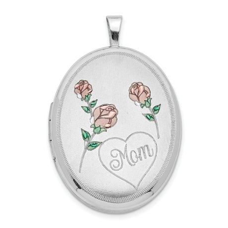 Sterling Silver Oval Locket Pendant with Pink Rose Engraving and Heart Mom Inscription