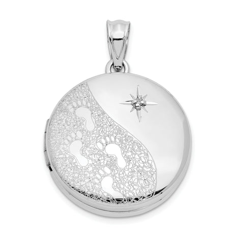 20mm Diamond Textured/Polished Footprints Round Locket Charm Pendant in Real 925 Sterling Silver