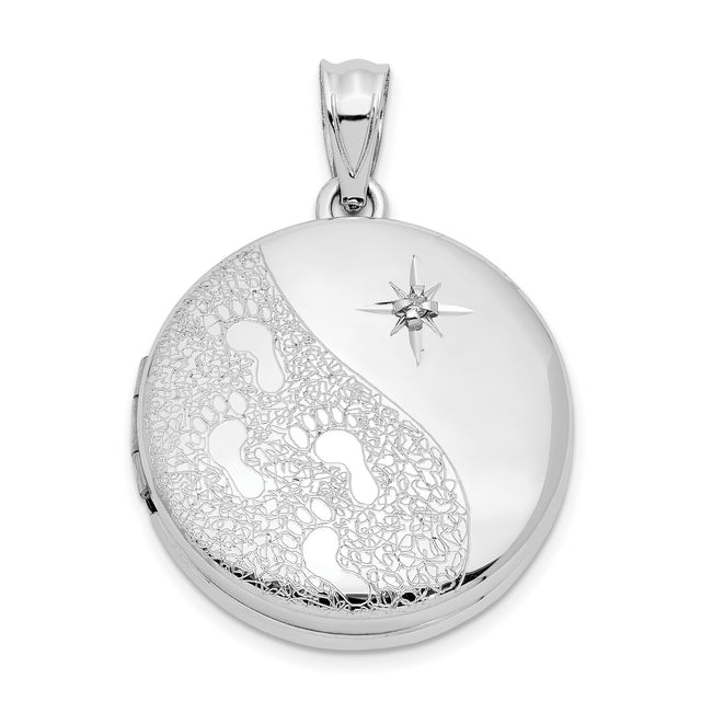 20mm Diamond Textured/Polished Footprints Round Locket Charm Pendant in Real 925 Sterling Silver