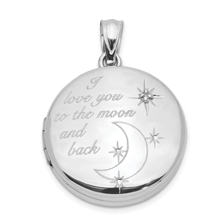 Sterling Silver Round Locket with Diamond, Crescent Moon and Stars Pendant for Women